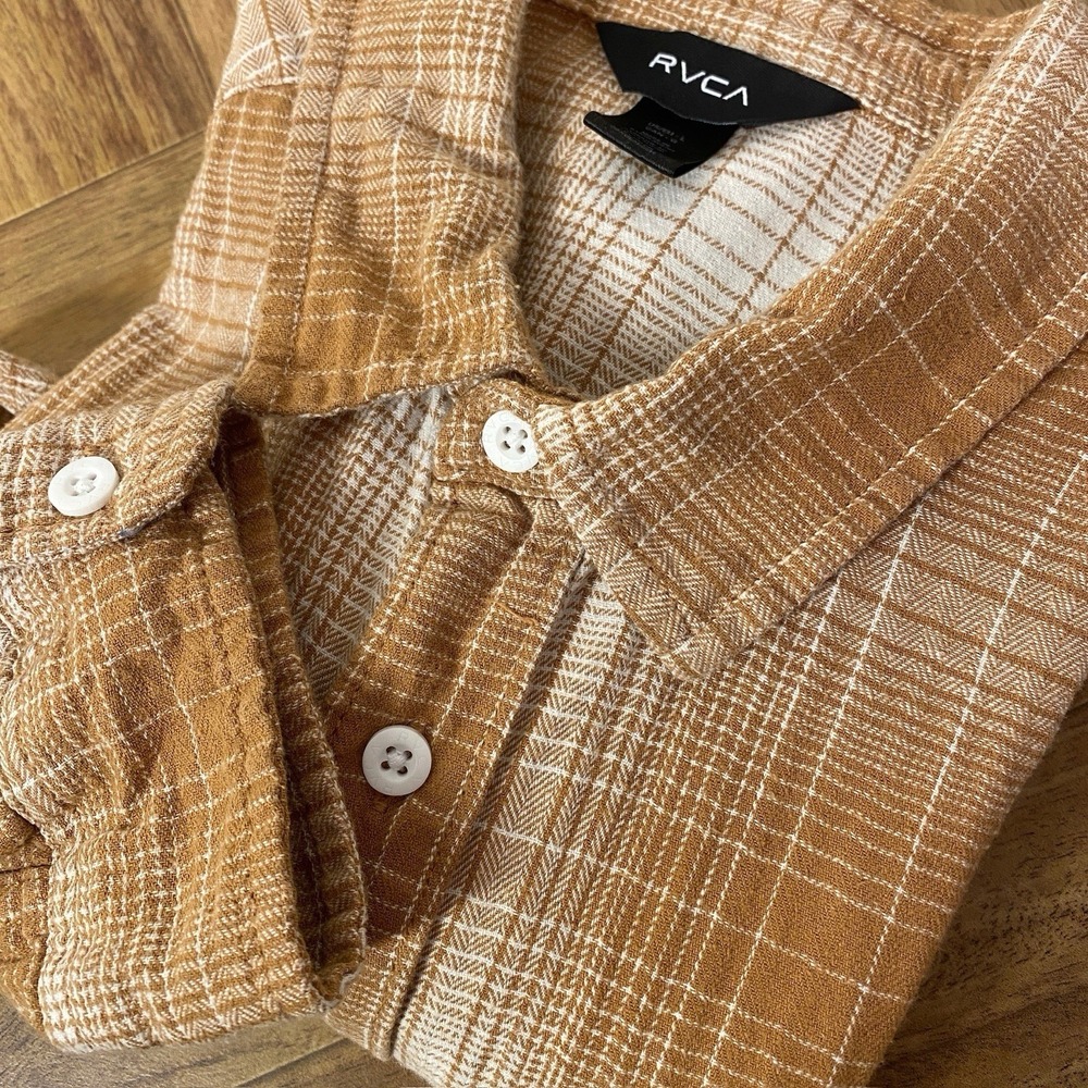 RVCA Mens Plaid Flannel Shirt Orange Cream Long Sleeve‎ Regular Fit Large
